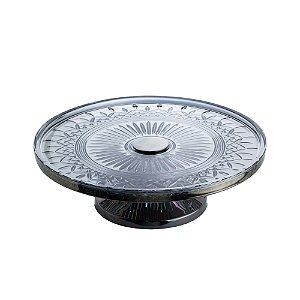 PRATO P/BOLO CRISTAL CINZA C/PÉ AÇO LYS BLACK 32cm