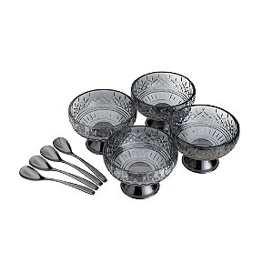 CJ 4 BOWLS VIDRO CINZA C/4 COLHERES P/SOBREMESA LYS BLACK