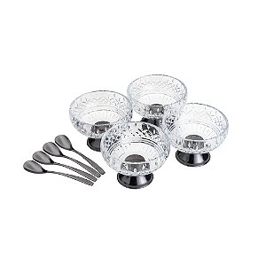 CJ 4 BOWLS VIDRO C/4 COLHERES P/SOBREMESA LYS BLACK