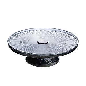 PRATO P/BOLO CRISTAL CINZA C/PÉ AÇO QUEEN BLACK 32cm