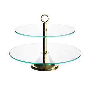 PRATO DUPLO VIDRO P/DOCES C/BASE MÔNACO DOURADO 33/40cm