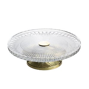 PRATO P/BOLO CRISTAL C/PÉ AÇO QUEEN DOURADO 32cm