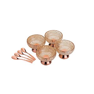 CJ 4 BOWLS VIDRO ÂMBAR C/4 COLHERES P/SOBREMESA LYS ROSE