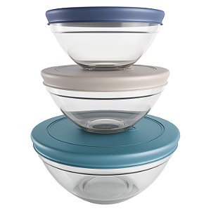 CJ. DE POTES DE VIDRO REDONDOS COM TAMPA PLASTICA 3 PC. COLORS
