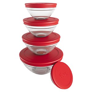 CJ. DE POTES DE VIDRO REDONDOS COM TAMPA PLASTICA 5 PC. VERMELHO