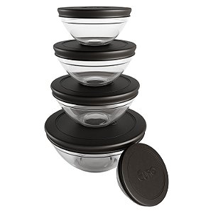 CJ. DE POTES DE VIDRO REDONDOS COM TAMPA PLASTICA 5 PC. PRETO