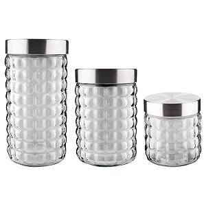 CJ. DE POTES DE VIDRO COM TAMPA INOX BUBBLE 3 PC.