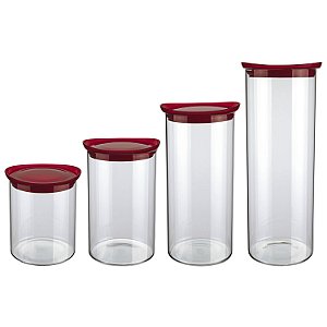CJ. DE POTES DE VIDRO SLIM COM TAMPA PLASTICA 4 PC. VERMELHO