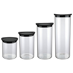 CJ. DE POTES DE VIDRO SLIM COM TAMPA PLASTICA 4 PC. PRETO