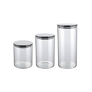 CJ. DE POTES DE VIDRO SLIM COM TAMPA INOX 3 PC.