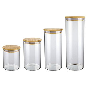 CJ. DE POTES DE VIDRO SLIM COM TAMPA BAMBU 4 PC.