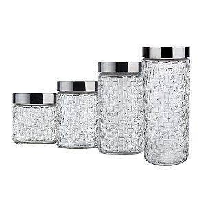 CJ. DE POTES DE VIDRO COM TAMPA INOX RATTAN 4 PC.