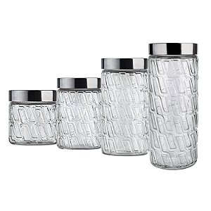 CJ. DE POTES DE VIDRO COM TAMPA INOX MOSAICO 4 PC.