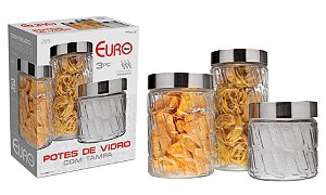 CJ. DE POTES DE VIDRO COM TAMPA INOX MOSAICO 3 PC.