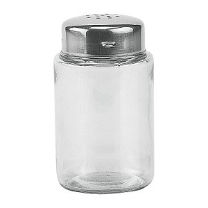 SALEIRO E PIMENTEIRO DE VIDRO COM TAMPA INOX 6 PC.