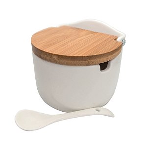 SALEIRO MESA PORCELANA C/TAMPA MADEIRA E COLHER 10x9x9cm