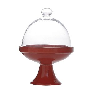 PRATO P/BOLO DE PORCELANA C/PÉ E TAMPA VERMELHO 14X19CM