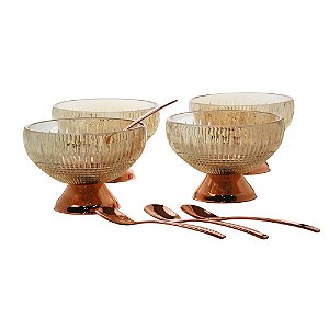 CJ 4 BOWLS VIDRO ÂMBAR C/4 COLHERES P/SOBREMESA QUEEN ROSE