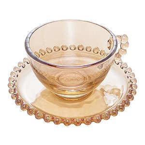 CJ 4 XÍCARAS CHÁ CRISTAL C/PIRES PEARL ÂMBAR 180ml