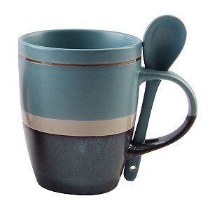 KIT 12 CANECAS PORCELANA C/COLHER 4 AZUL 4 CINZA 4 SALMÃO