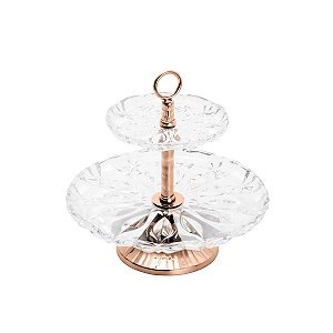 PRATO DUPLO DE CRISTAL P/DOCE C/PÉ E PUXADOR ROSÉ LOUISE 30cm