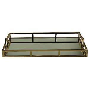 BANDEJA AÇO INOX C/ESPELHO E ALÇA DOURADA 56x36x5cm