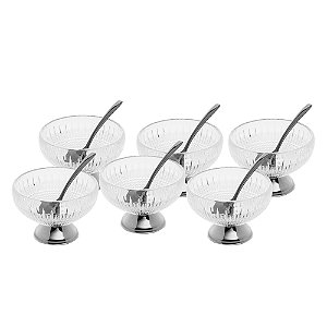 CJ 4 BOWLS VIDRO C/4 COLHERES P/SOBREMESA QUEEN INOX