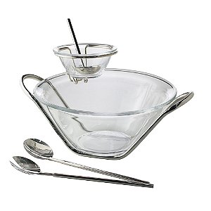 SALADEIRA CRISTAL C/PAR TALHERES MOLHEIRA NÁPOLES PRATA 29cm