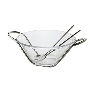 SALADEIRA CRISTAL C/PAR DE TALHERES NÁPOLES PRATA 25cm