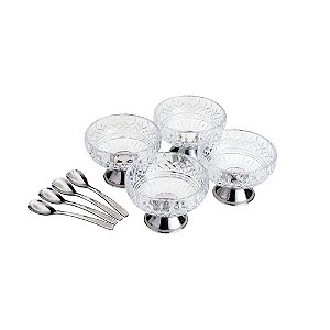 CJ 4 BOWLS VIDRO C/4 COLHERES P/SOBREMESA LYS PRATA