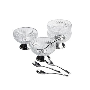 CJ 4 BOWLS VIDRO C/4 COLHERES P/SOBREMESA QUEEN PRATA