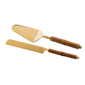 CJ 2PC AÇO INOX P/BOLO C/CABO BAMBU DOURADO