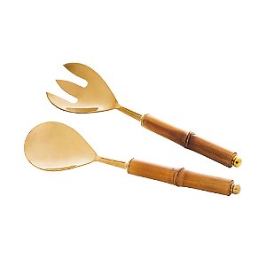 CJ 2PC AÇO INOX P/SALADA C/CABO BAMBU DOURADO