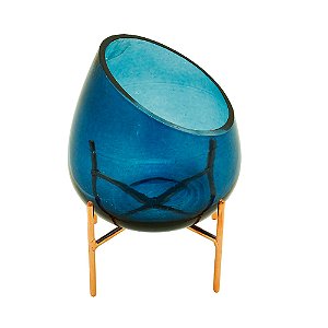 CASTIÇAL VIDRO C/SUPORTE AZUL 16x21cm