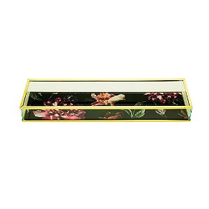BANDEJA DECORATIVA VIDRO FLORAL PRETA 31x8x3cm