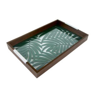BANDEJA MADEIRA C/VIDRO LEAVES VERDE 47x32x5cm