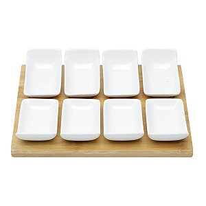 CJ 8 PETISQUEIRAS DE PORCELANA C/TABÚA DE BAMBU 25x20,5x4cm
