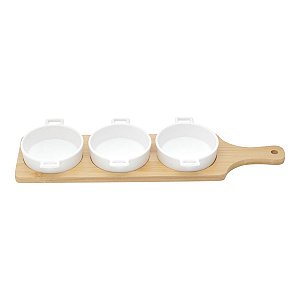 CJ 3 PETISQUEIRAS DE PORCELANA C/TÁBUA DE BAMBU 39x11,5x4cm