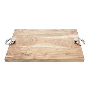 BANDEJA DE MADEIRA C/ALÇA DE AÇO INOX 48x35x6,5cm