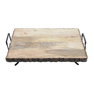 BANDEJA RETANGULAR DE MADEIRA P/SERVIR C/SUPORTE DE METAL 44x33x11cm