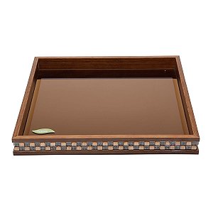 BANDEJA DE MADEIRA C/VIDRO BISOTÊ DIAMOND MARROM 26,5X26,5X4cm