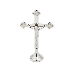 CRUCIFIXO EM LATÃO COM BASE COM MADRE PÉROLA 19 CM