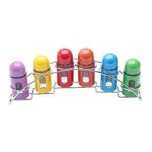 CJ 7PC PORTA TEMPEROS DE AÇO INOX E VIDRO COLORIDO 33X6X14CM