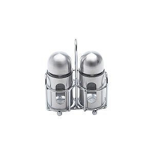 CJ 3PC SALEIRO E PIMENTEIRO DE AÇO INOX E VIDRO ROUND