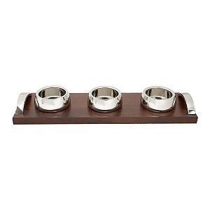 BANDEJA DE MADEIRA C/ 3 BOWLS DE AÇO INOX BAMBERG