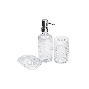 CJ 3PC P/BANHEIRO DE VIDRO FLOR DE LIS TRANSPARENTE
