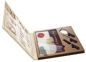 JOGO DE 4 PEÇAS PARA QUEIJO EM INOX COM EMBALAGEM EM FORMATO DE LIVRO