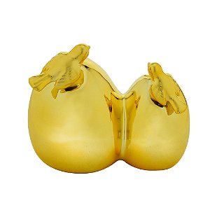 VASO DECORATIVO PORCELANA DUPLO PÁSSAROS DOURADO 15x10x12cm