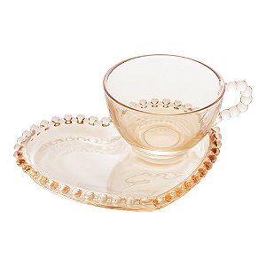XÍCARA CHÁ CRISTAL C/PRATO CORAÇÃO PEARL ÂMBAR 180ml