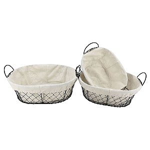 JOGO DE 3 CESTAS OVAIS COM ALCA EM FERRO E TECIDO 35X28/31X24/27X20CM